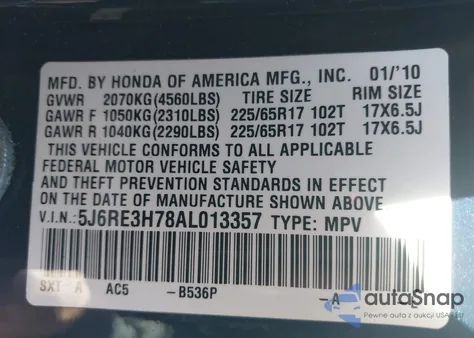 2010 Honda Cr-V Ex-L z USA, uszkodzony, nr VIN 5J6RE3H78AL013357